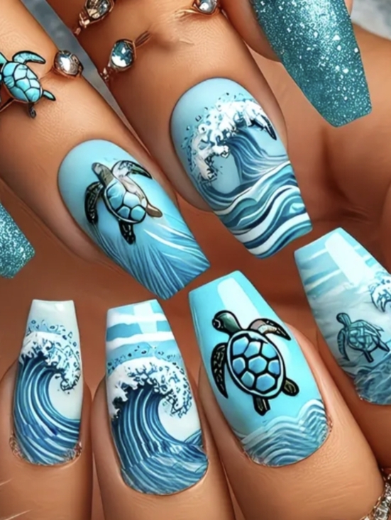 Source Unknown Other - Beach Waves & Turtles Summer Ocean Themed Press-On Nails